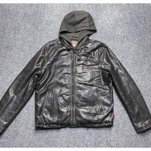 Levi's Jacket Mens Medium Black Hooded Faux Leather Moto Bomber Zip Pockets
